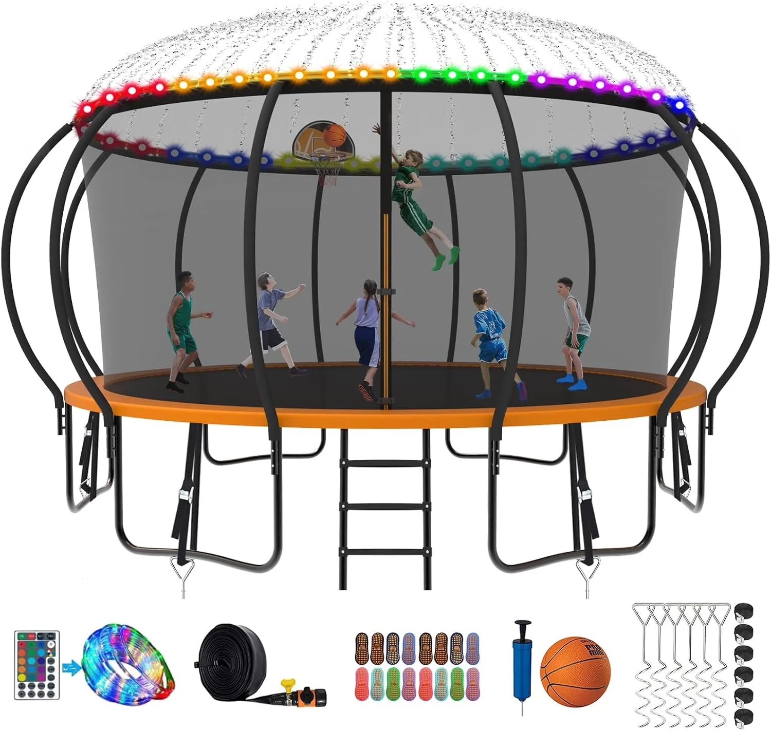 2025 Upgraded 8 10 12 14 15 16 FT 1500lbs Tranpoline for Kids and Adults with Light Sprinkler Socks, Recreational Tranpoline with Basketball Hoop, Ladder, ASTM Approved Tranpoline for 7-10 Kids