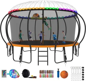 2025 Upgraded 8 10 12 14 15 16 FT 1500lbs Tranpoline for Kids and Adults with Light Sprinkler Socks, Recreational Tranpoline with Basketball Hoop, Ladder, ASTM Approved Tranpoline for 7-10 Kids