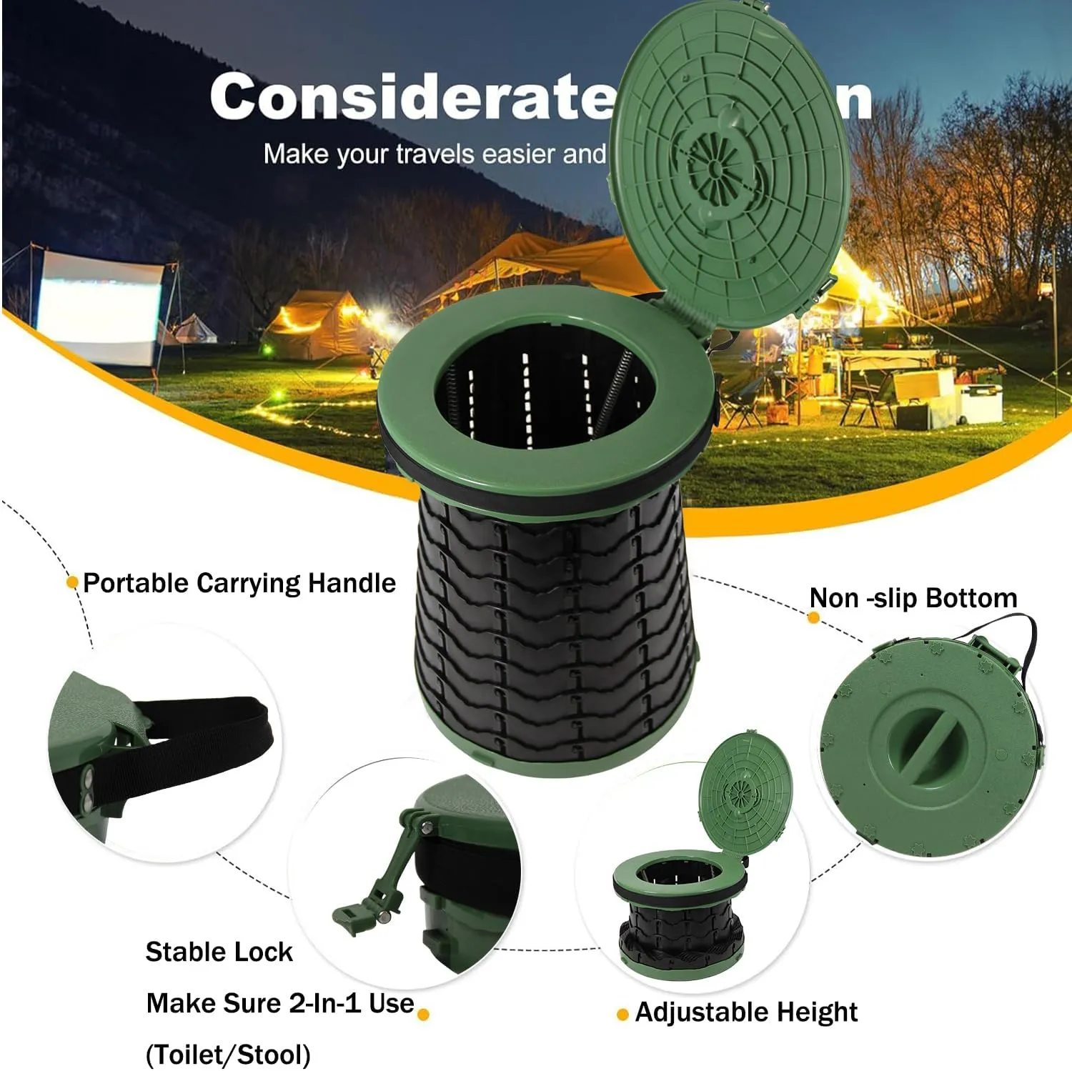 2025 Upgraded XXL Portable Toilet for Adults Travel Folding Toilet with Lid Adjustable Camping Taller Toilets for Adults and Kids Heavy Duty for Car, Fishing, Hunting and Camping with Carry Bag