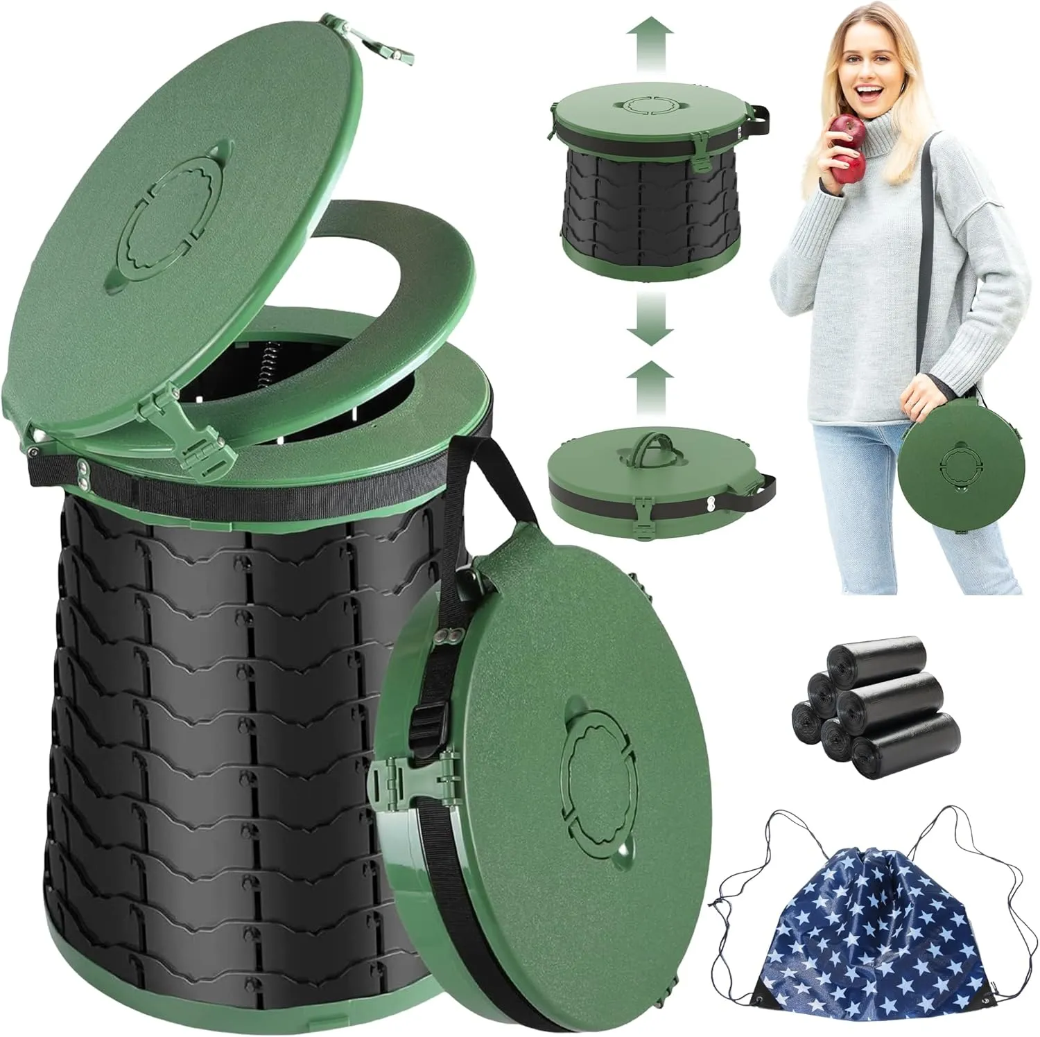 2025 Upgraded XXL Portable Toilet for Adults Travel Folding Toilet with Lid Adjustable Camping Taller Toilets for Adults and Kids Heavy Duty for Car, Fishing, Hunting and Camping with Carry Bag