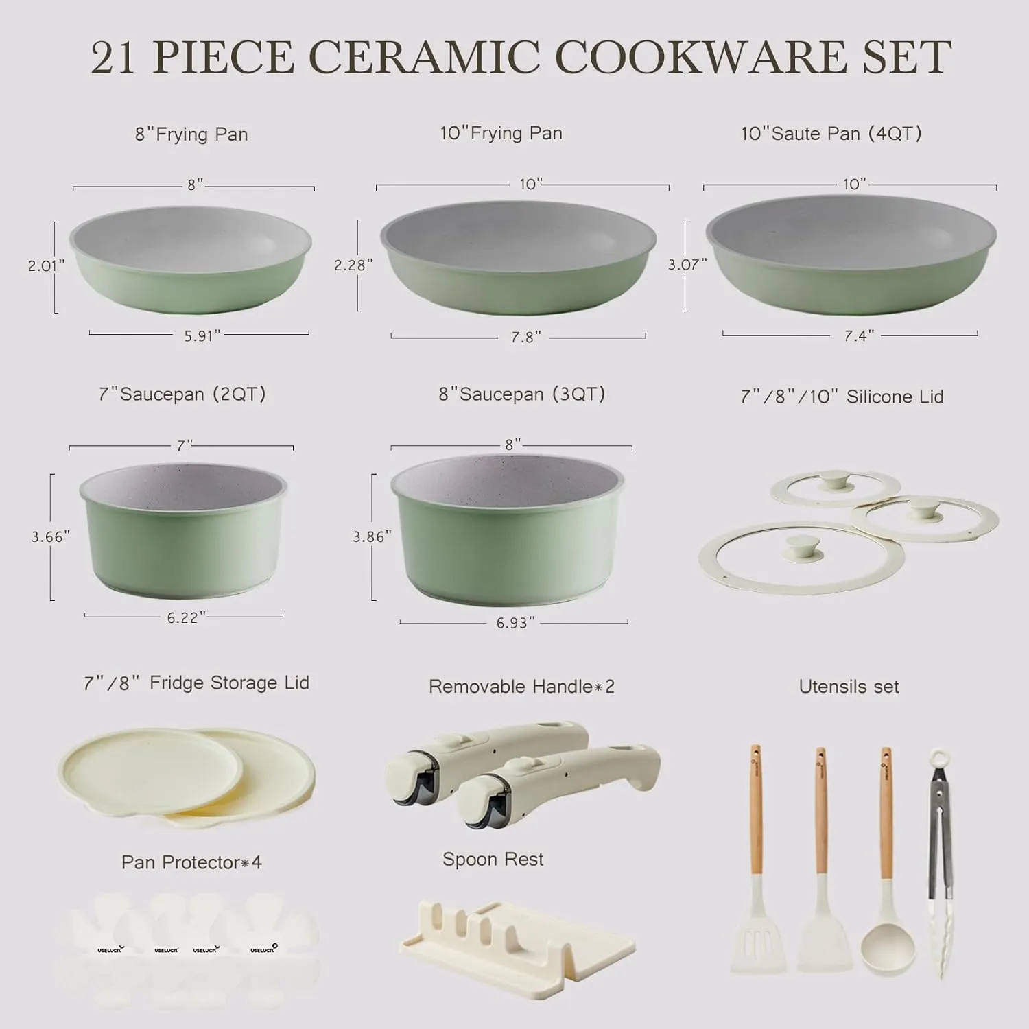 21 Pcs Ceramic kitchen Cookware Set,Nonstick Pots and Pans with Removable Handles Stackable Camping Cookware Dishwasher&Oven Safe Frying Pan,Green