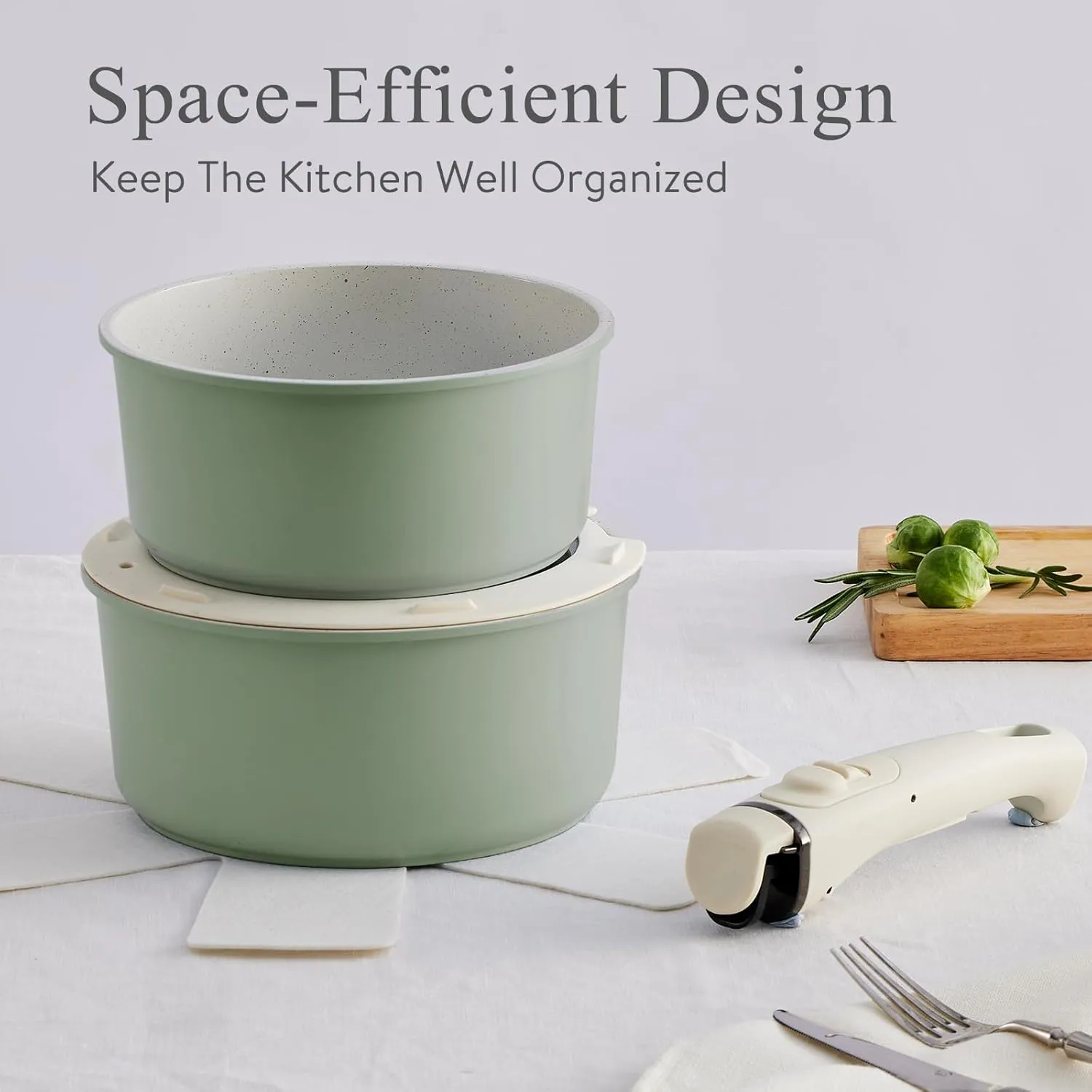 21 Pcs Ceramic kitchen Cookware Set,Nonstick Pots and Pans with Removable Handles Stackable Camping Cookware Dishwasher&Oven Safe Frying Pan,Green
