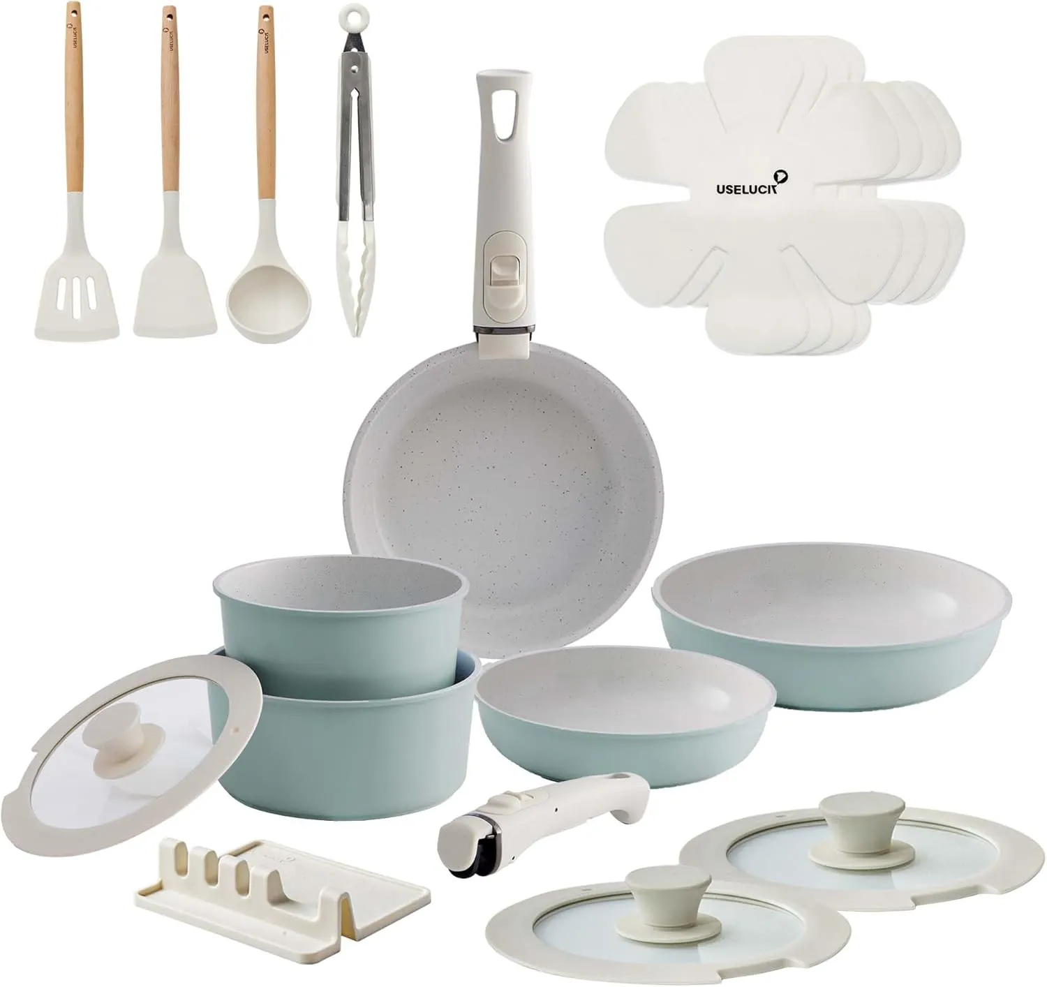 21 Pcs Ceramic kitchen Cookware Set,Nonstick Pots and Pans with Removable Handles Stackable Camping Cookware Dishwasher&Oven Safe Frying Pan,Green