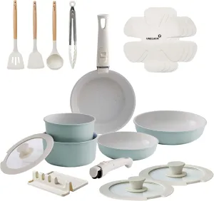 21 Pcs Ceramic kitchen Cookware Set,Nonstick Pots and Pans with Removable Handles Stackable Camping Cookware Dishwasher&Oven Safe Frying Pan,Green