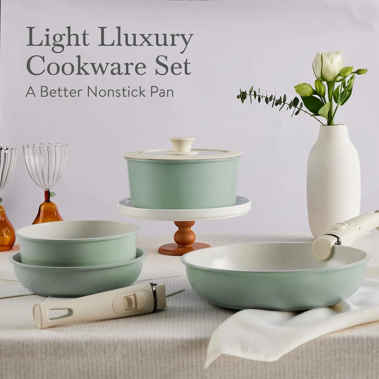 21 Pcs Ceramic kitchen Cookware Set,Nonstick Pots and Pans with Removable Handles Stackable Camping Cookware Dishwasher&Oven Safe Frying Pan,Green