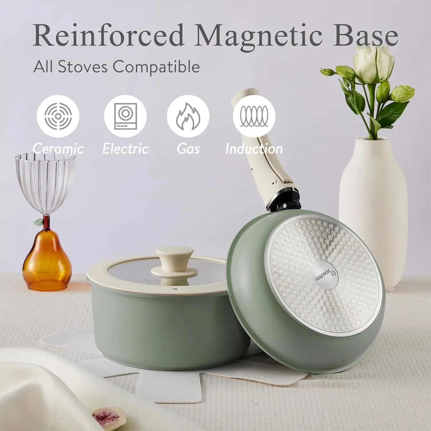 21 Pcs Ceramic kitchen Cookware Set,Nonstick Pots and Pans with Removable Handles Stackable Camping Cookware Dishwasher&Oven Safe Frying Pan,Green