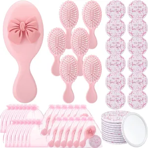 24 Set Coquette Bow Party Favor Compact Mirror Mini Hair Brush Organza Bag Inspirational Aesthetic Preppy Gift for Women Birthday Bridal Shower Bachelorette Graduation Party Supplies(Pink)
