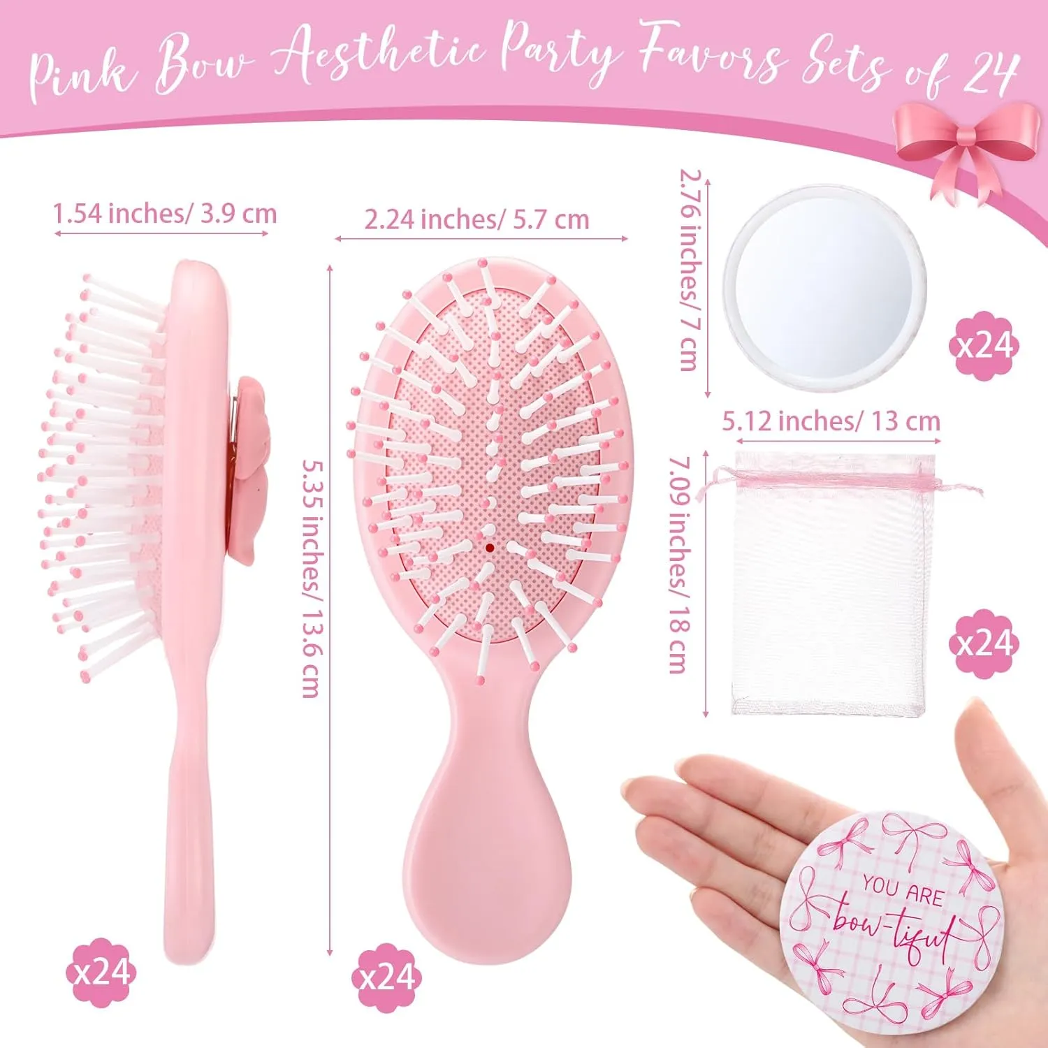 24 Set Coquette Bow Party Favor Compact Mirror Mini Hair Brush Organza Bag Inspirational Aesthetic Preppy Gift for Women Birthday Bridal Shower Bachelorette Graduation Party Supplies(Pink)
