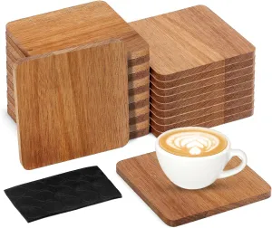 24PCS Wood Coasters Square Wooden Coasters for Drinks Coffee Table with Non-Slip Pad Acacia Cup Coasters for Coffee Home Kitchen 4 Inch Square
