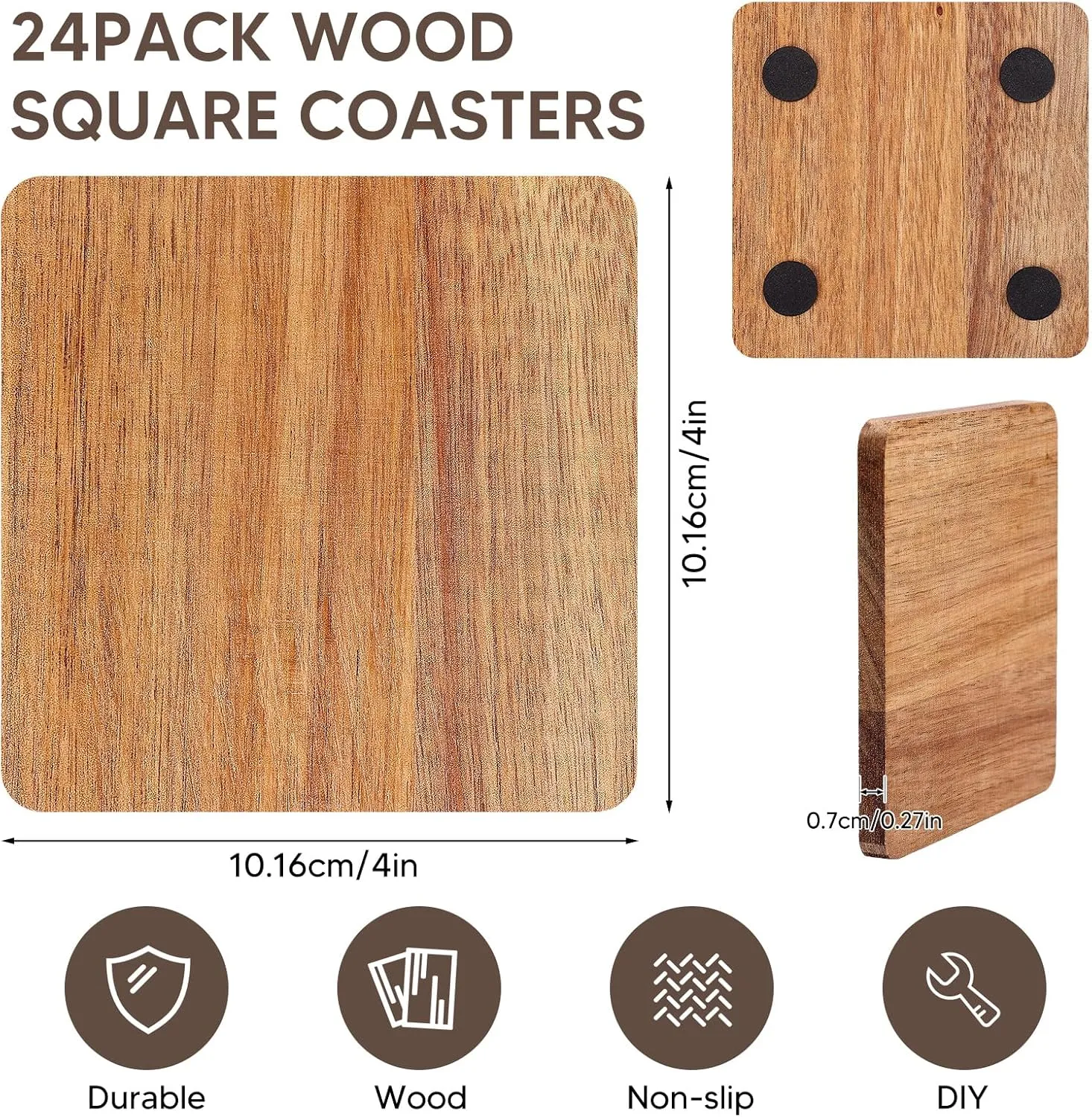 24PCS Wood Coasters Square Wooden Coasters for Drinks Coffee Table with Non-Slip Pad Acacia Cup Coasters for Coffee Home Kitchen 4 Inch Square