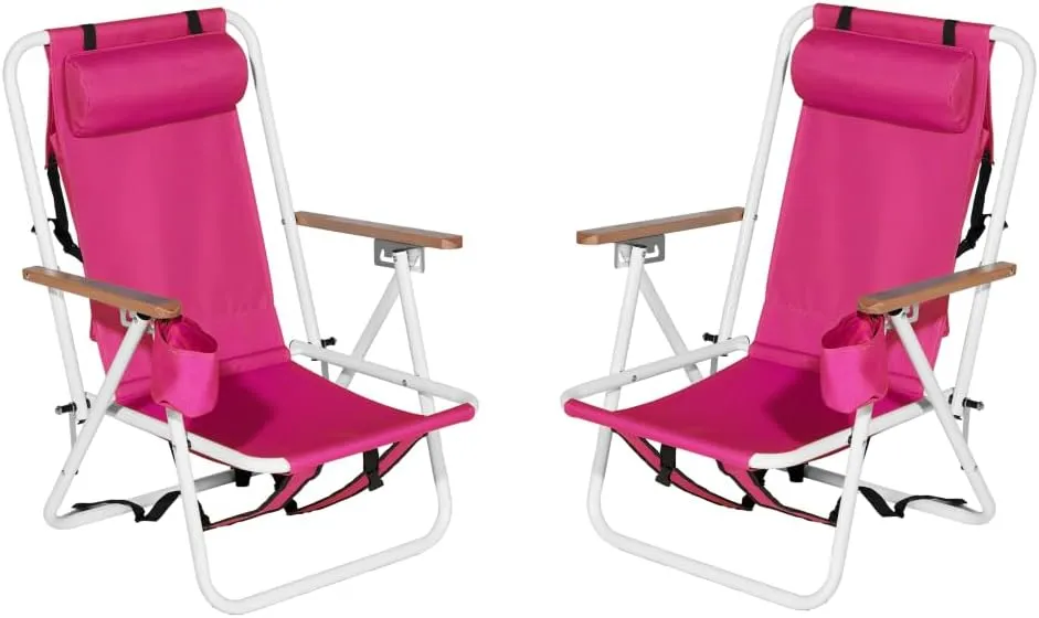 2PCS Folding Beach Chair for Outside, 4 Position Portable Backpack Foldable Camping Chair with Headrest Cup Holder and Wooden Armrests for Adults for Outdoor Patio Pool (Pink)