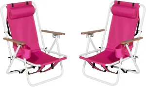 2PCS Folding Beach Chair for Outside, 4 Position Portable Backpack Foldable Camping Chair with Headrest Cup Holder and Wooden Armrests for Adults for Outdoor Patio Pool (Pink)