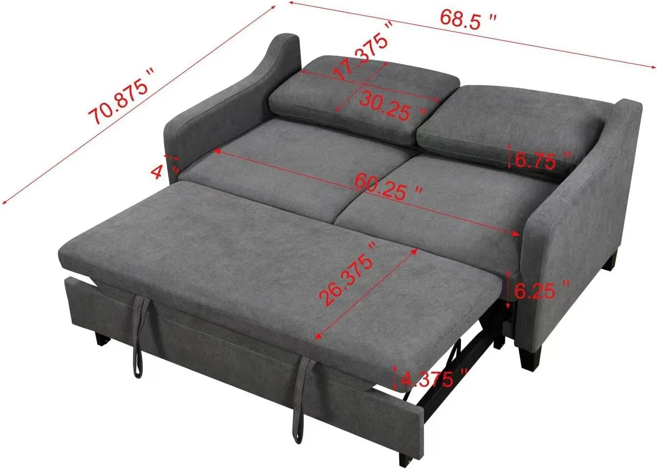 3 in 1 Queen Convertible Loveseat Sofa Bed with Pull Out Sleeper Couch Bed and Reclining Backrest ,Modern Love Seat Sleeper Sofabed Lounge Sleeper Chaise Daybed for Home Apartment Office Living Room