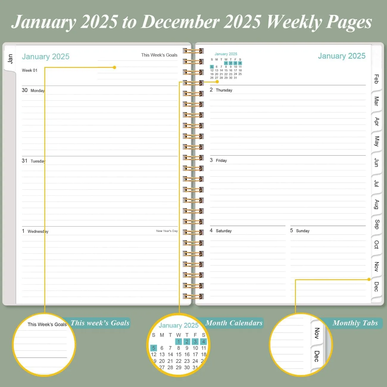 (3-Pack) Planner 2025 - A5 Weekly & Monthly Planner Spiral Bound, January 2025 - December 2025, 2025 Planner with Flexible Cover, Tabs, Inner Pocket, 6.4" x 8.5"
