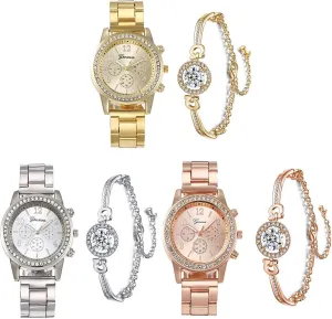 3 Pcs Elegant Diamond Watches and Bracelet Set for Women Classic Round Dial Rehinestore Bezel Analog Quartz Ladies Watches
