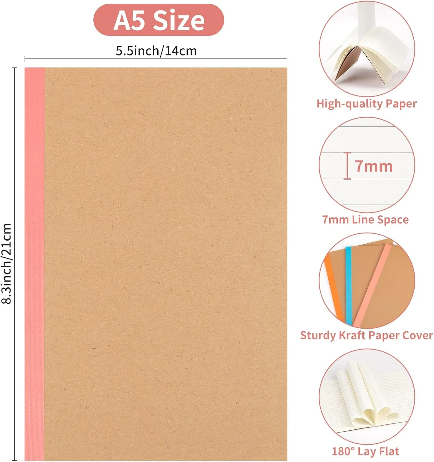 30 Pack Composition Notebook Journals Bulk, A5 Lined College Ruled Notebook, Kraft Cover with Rainbow Spines, 8.3”x 5.5”, 15 Colors 60 Pages for School Office Travel