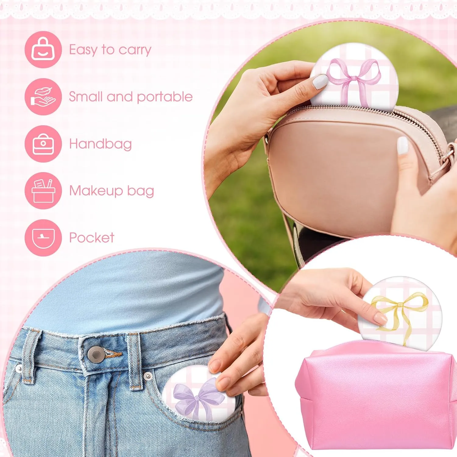 36 Pcs Coquette Aesthetic Compact Mirror Bulk Pink Bow Portable Travel Makeup Pocket Purse Mirror for Women Girl Coquette Birthday Gift Wedding Bridal Shower Grad Party Favor (Cute Style)