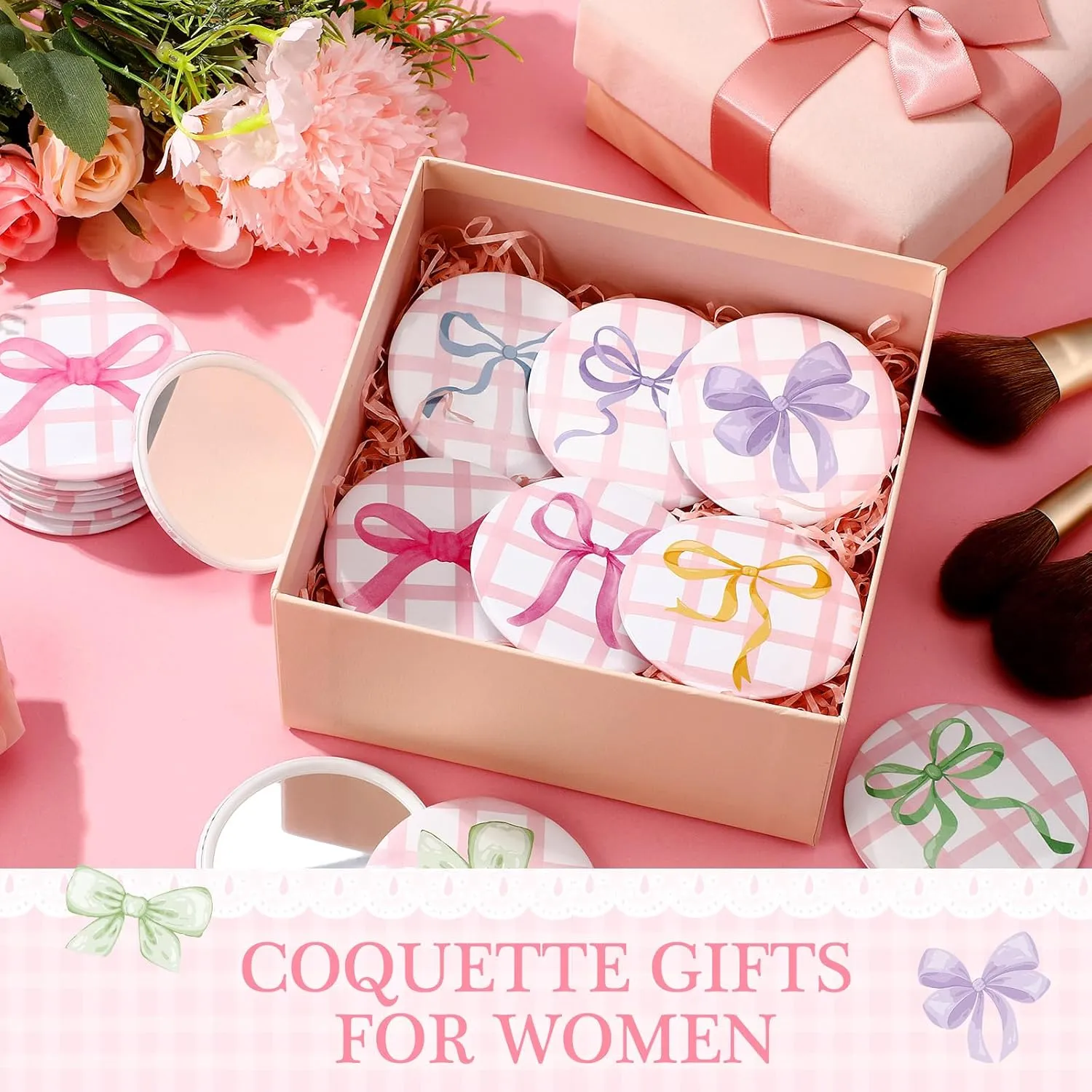 36 Pcs Coquette Aesthetic Compact Mirror Bulk Pink Bow Portable Travel Makeup Pocket Purse Mirror for Women Girl Coquette Birthday Gift Wedding Bridal Shower Grad Party Favor (Cute Style)