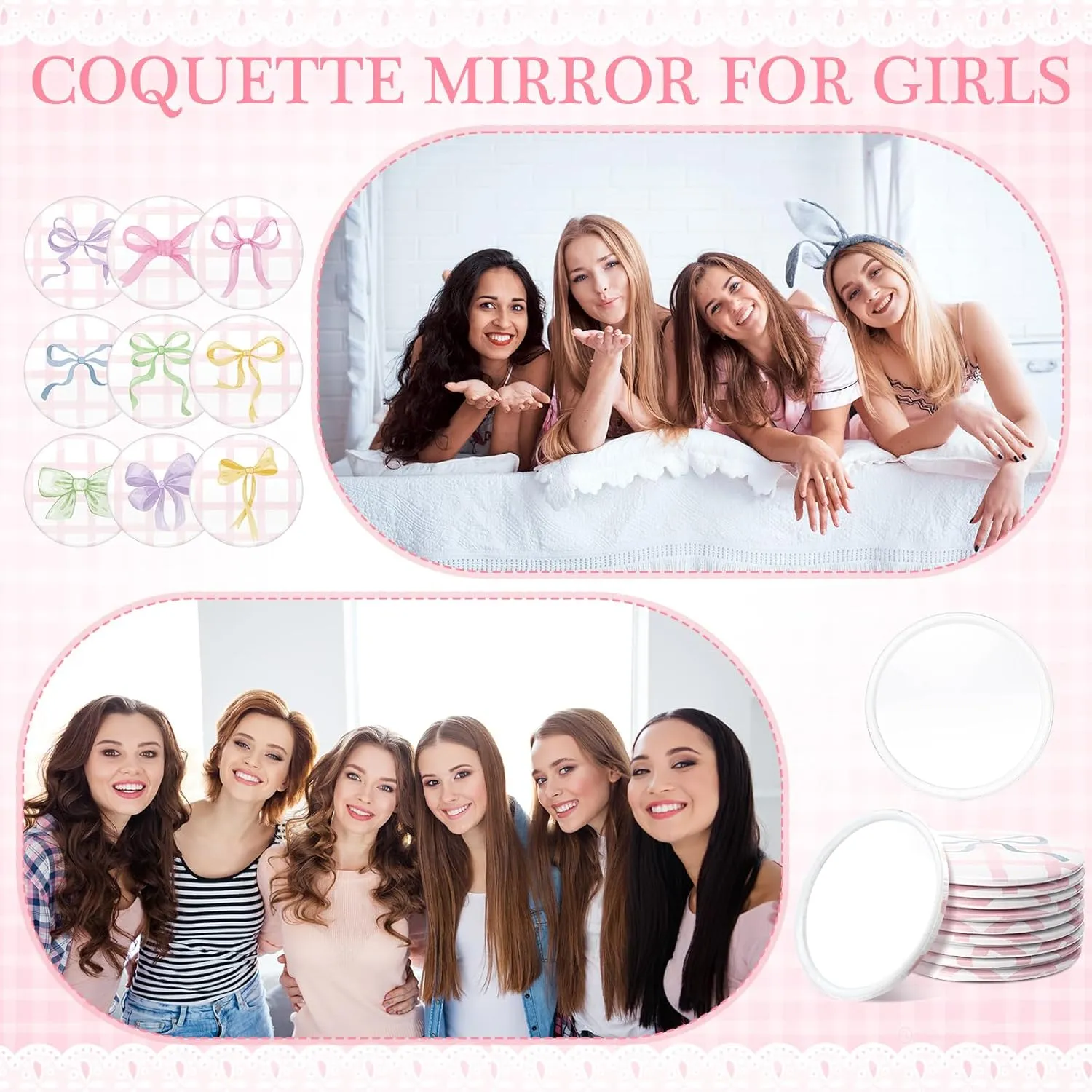 36 Pcs Coquette Aesthetic Compact Mirror Bulk Pink Bow Portable Travel Makeup Pocket Purse Mirror for Women Girl Coquette Birthday Gift Wedding Bridal Shower Grad Party Favor (Cute Style)