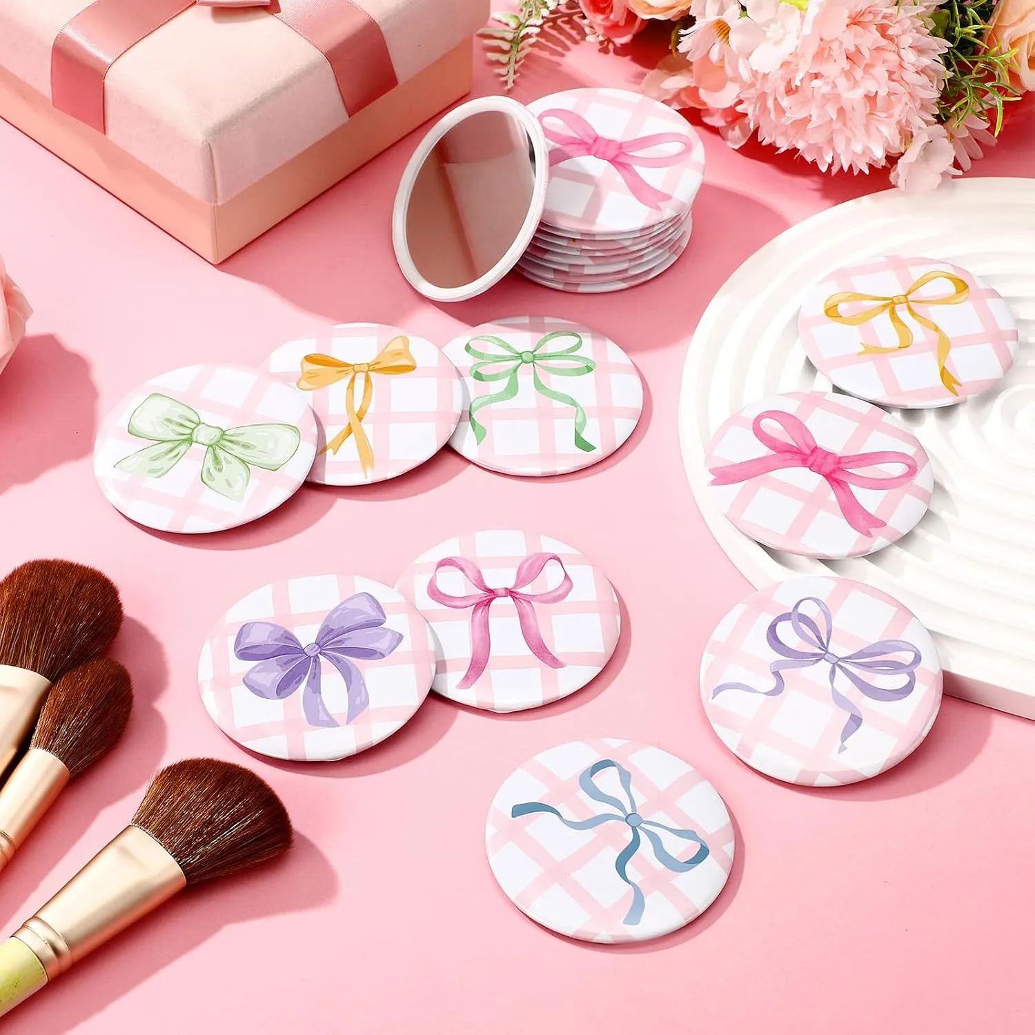 36 Pcs Coquette Aesthetic Compact Mirror Bulk Pink Bow Portable Travel Makeup Pocket Purse Mirror for Women Girl Coquette Birthday Gift Wedding Bridal Shower Grad Party Favor (Cute Style)