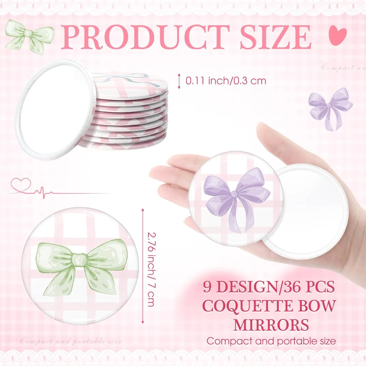 36 Pcs Coquette Aesthetic Compact Mirror Bulk Pink Bow Portable Travel Makeup Pocket Purse Mirror for Women Girl Coquette Birthday Gift Wedding Bridal Shower Grad Party Favor (Cute Style)