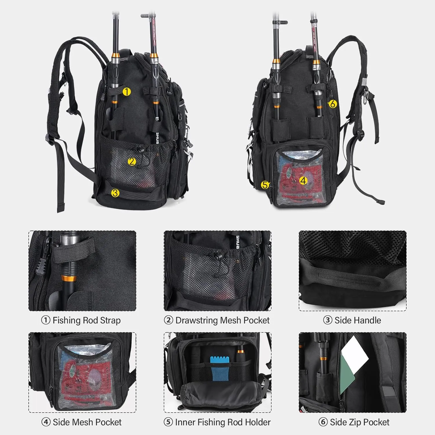 37L Fishing Tackle Backpack with Rod Strap, Insulated Outdoor Tackle Bag with Protective Rain Cover, Black
