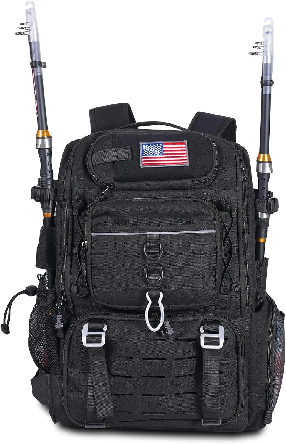 37L Fishing Tackle Backpack with Rod Strap, Insulated Outdoor Tackle Bag with Protective Rain Cover, Black