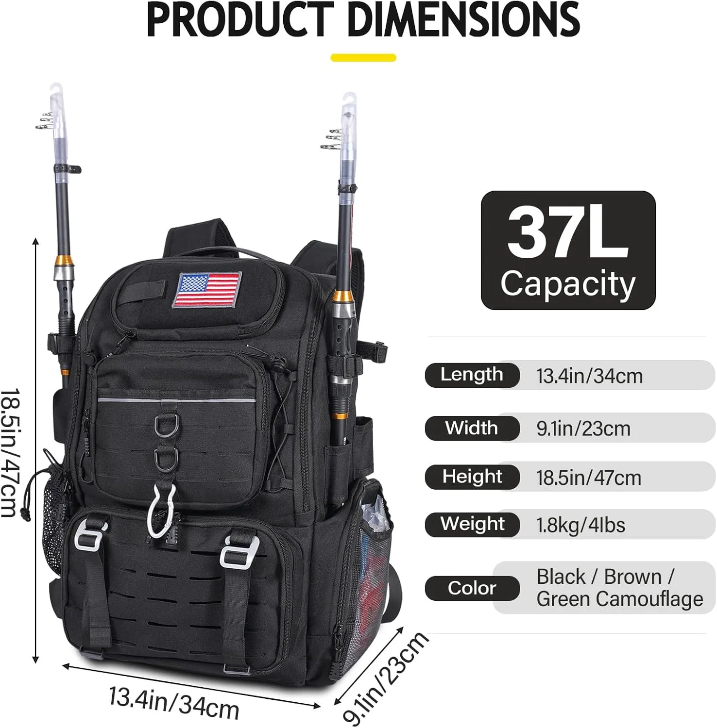 37L Fishing Tackle Backpack with Rod Strap, Insulated Outdoor Tackle Bag with Protective Rain Cover, Black