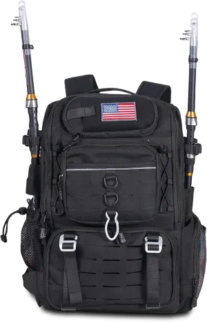 37L Fishing Tackle Backpack with Rod Strap, Insulated Outdoor Tackle Bag with Protective Rain Cover, Black