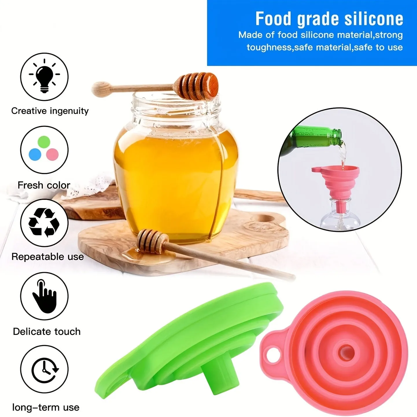 3pcs Portable Silicone Funnel for Kitchen and Wine - Collapsible- Grey Color