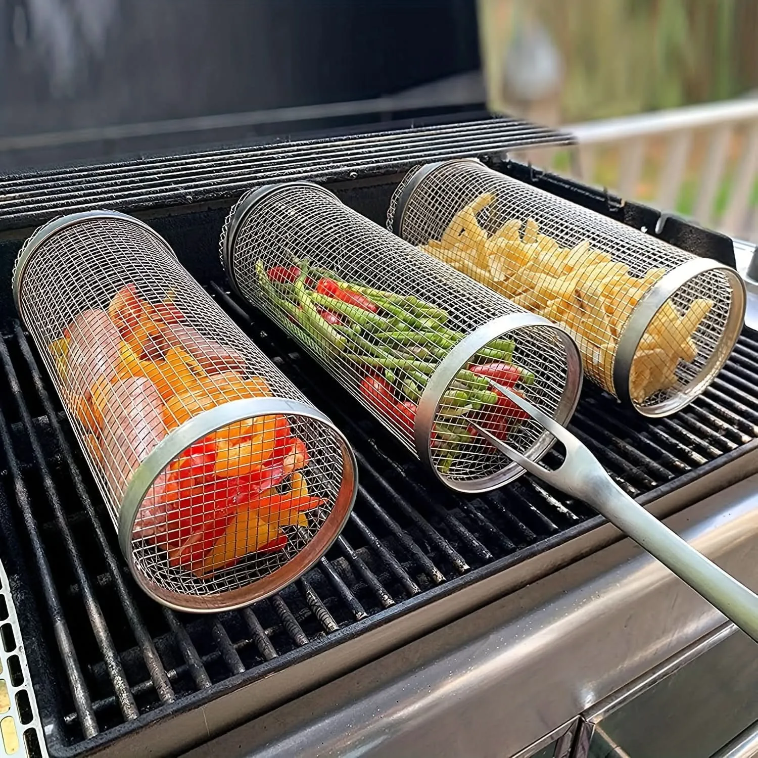 3pcs Stainless Steel BBQ Grill Set - Portable Barbecue Basket