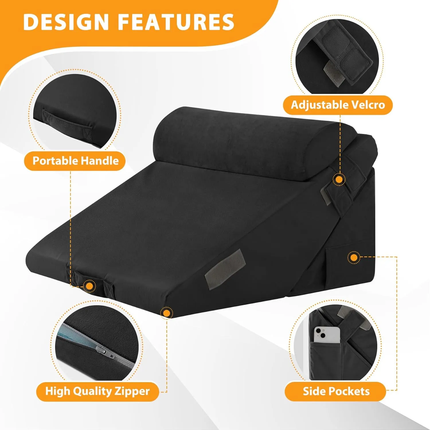 3PCS Wedge Pillow Set for After Surgery, Wedge Pillow Headboard, Adjustable 9&12 Inch Bed Pillow Wedge for Sleeping, Acid Reflux, Orthopedic Pillow Wedge for Back Pain Relief, Gerd, Black