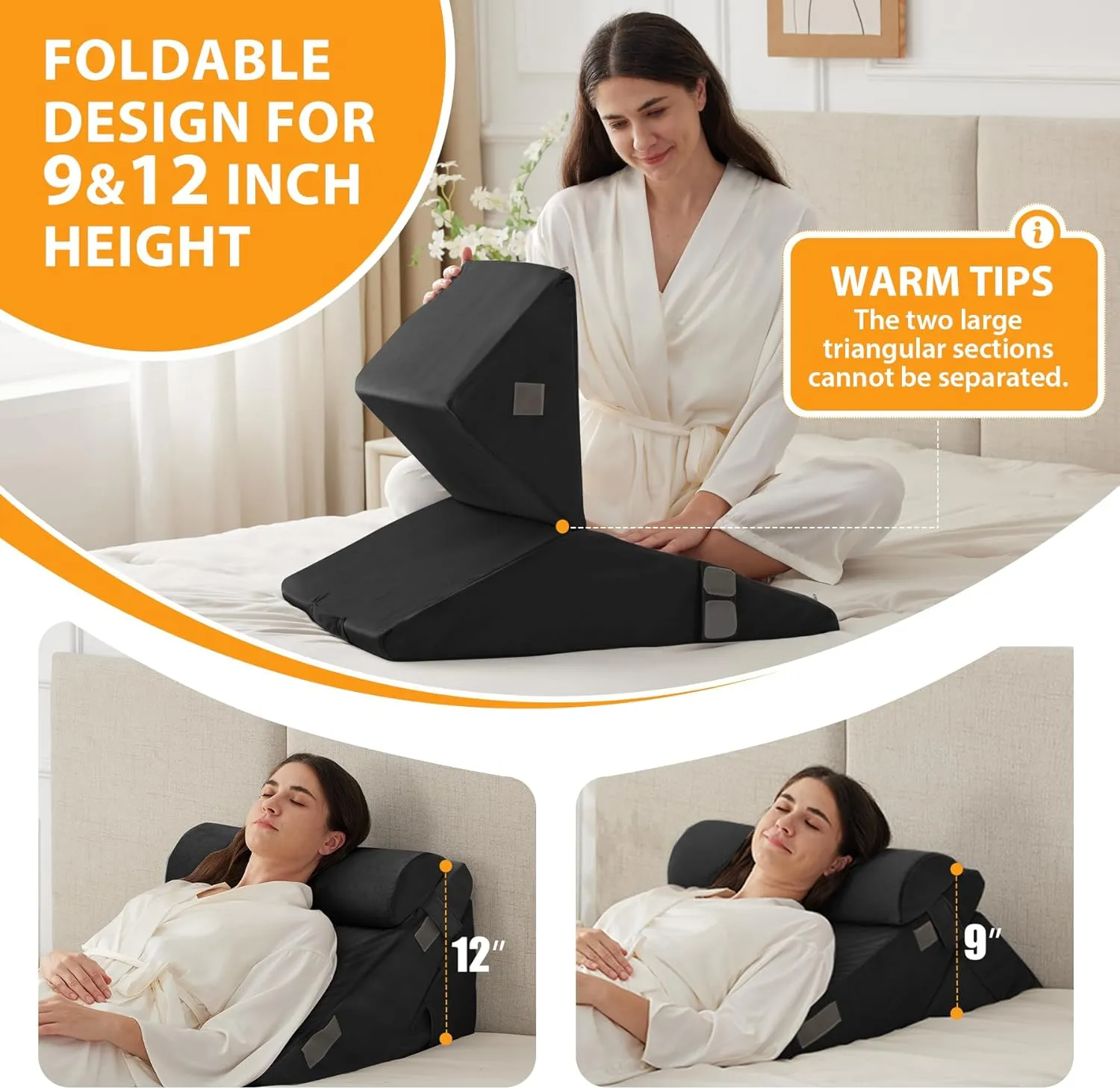 3PCS Wedge Pillow Set for After Surgery, Wedge Pillow Headboard, Adjustable 9&12 Inch Bed Pillow Wedge for Sleeping, Acid Reflux, Orthopedic Pillow Wedge for Back Pain Relief, Gerd, Black