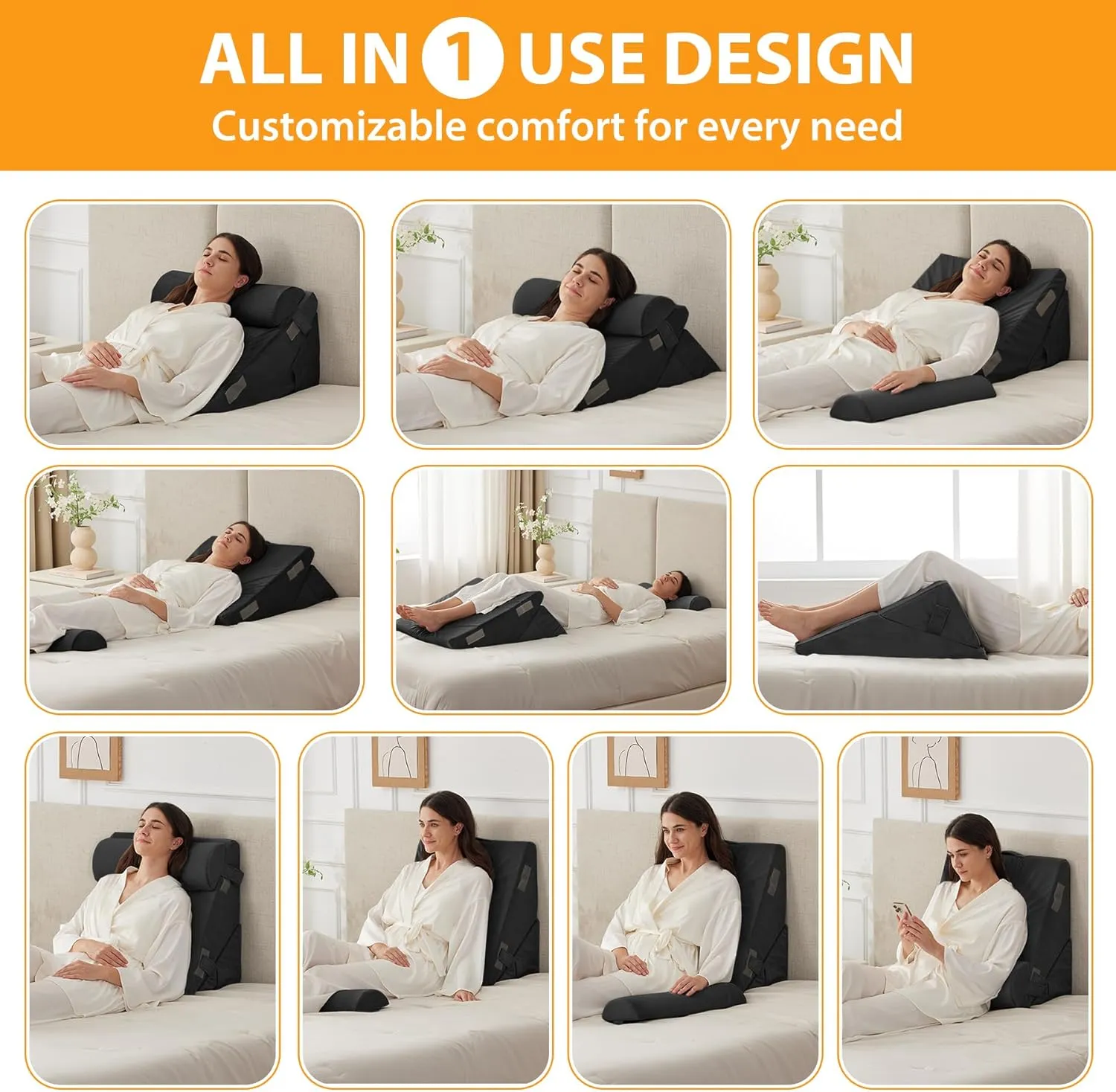 3PCS Wedge Pillow Set for After Surgery, Wedge Pillow Headboard, Adjustable 9&12 Inch Bed Pillow Wedge for Sleeping, Acid Reflux, Orthopedic Pillow Wedge for Back Pain Relief, Gerd, Black