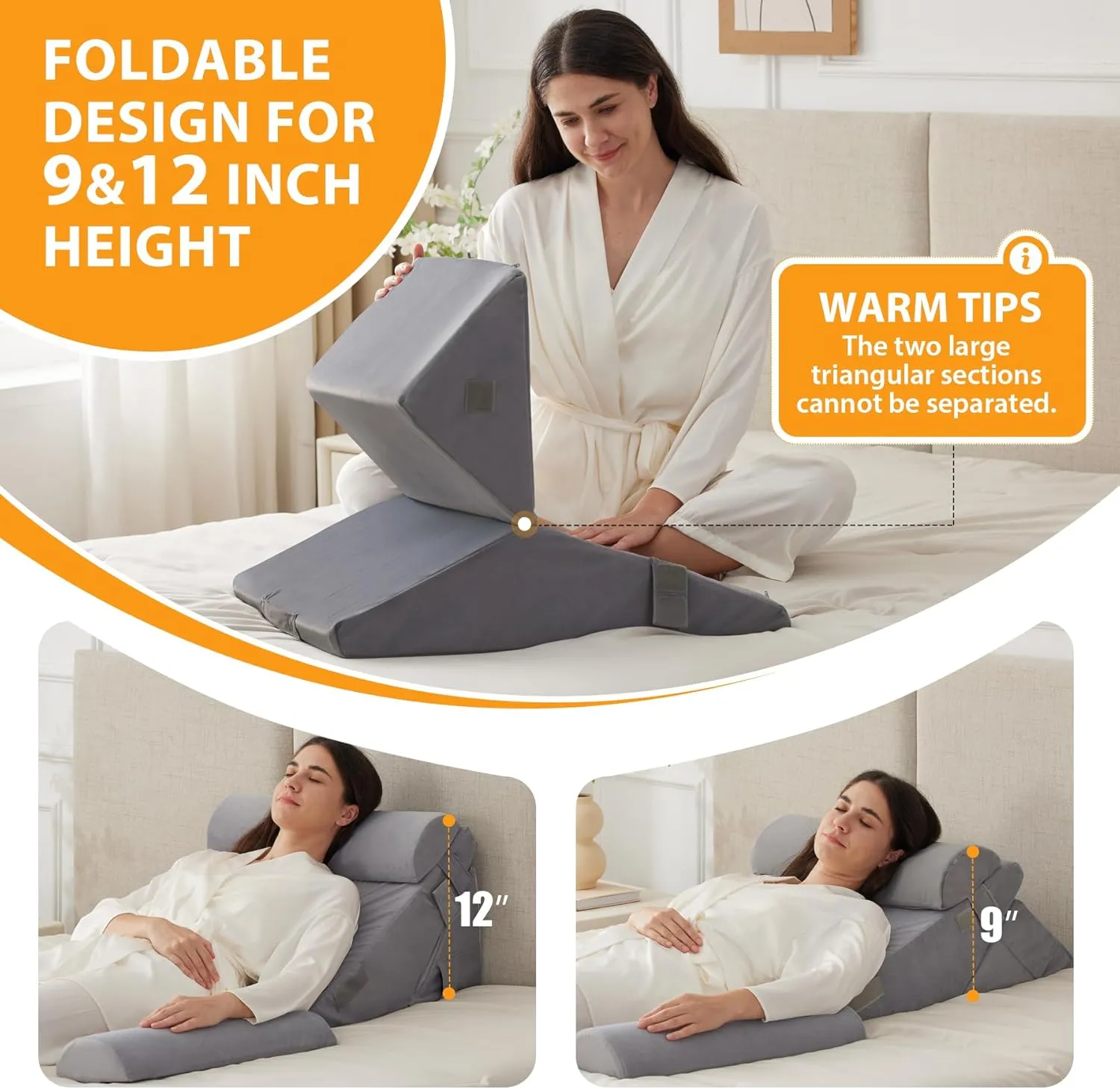 3PCS Wedge Pillow Set for After Surgery, Wedge Pillow Headboard, Adjustable 9&12 Inch Bed Pillow Wedge for Sleeping, Acid Reflux, Orthopedic Pillow Wedge for Back Pain Relief, Gerd, Velvet