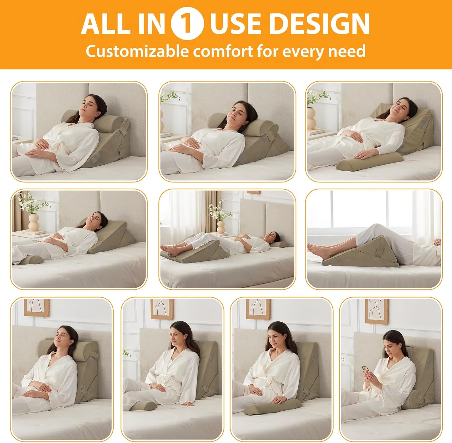 3PCS Wedge Pillow Set for After Surgery, Wedge Pillow Headboard, Adjustable 9&12 Inch Bed Pillow Wedge for Sleeping, Acid Reflux, Orthopedic Pillow Wedge for Back Pain Relief, Plush Brown