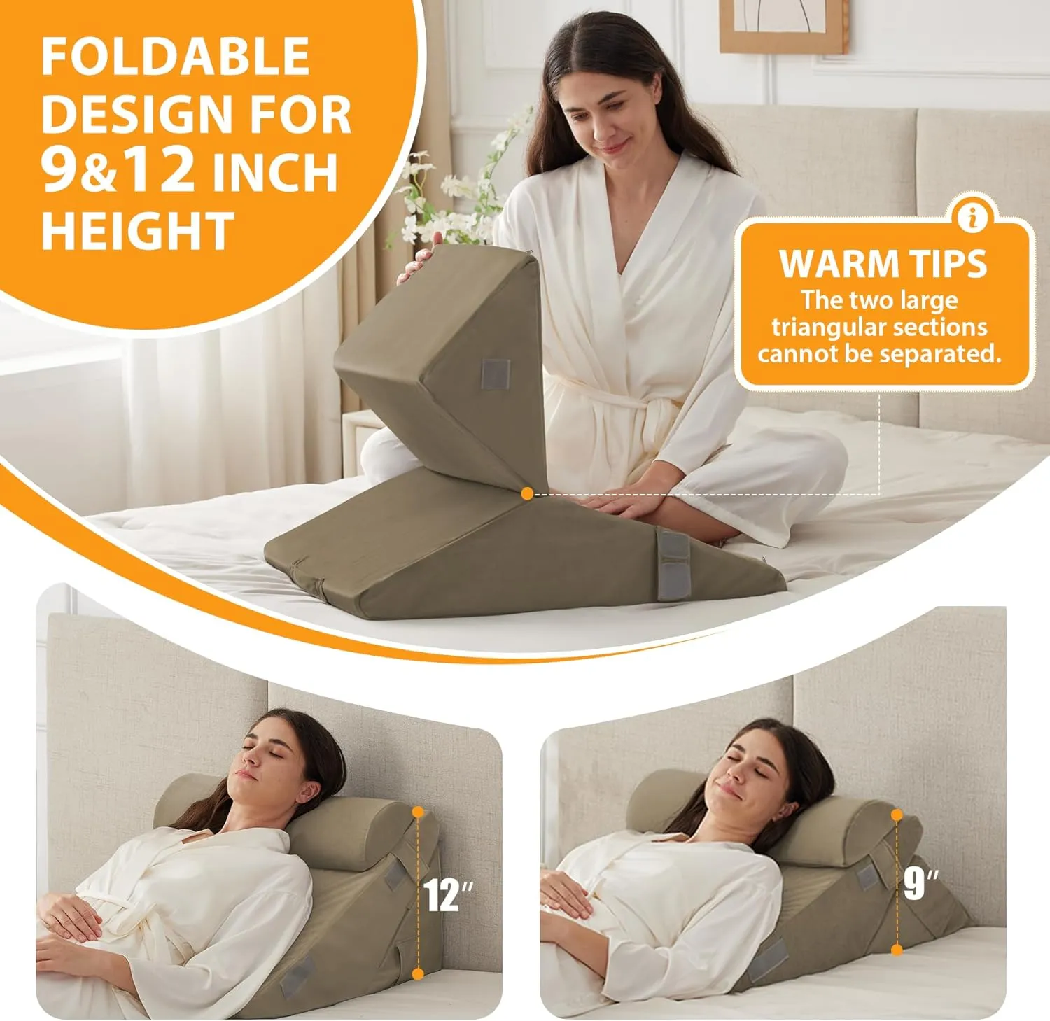 3PCS Wedge Pillow Set for After Surgery, Wedge Pillow Headboard, Adjustable 9&12 Inch Bed Pillow Wedge for Sleeping, Acid Reflux, Orthopedic Pillow Wedge for Back Pain Relief, Plush Brown