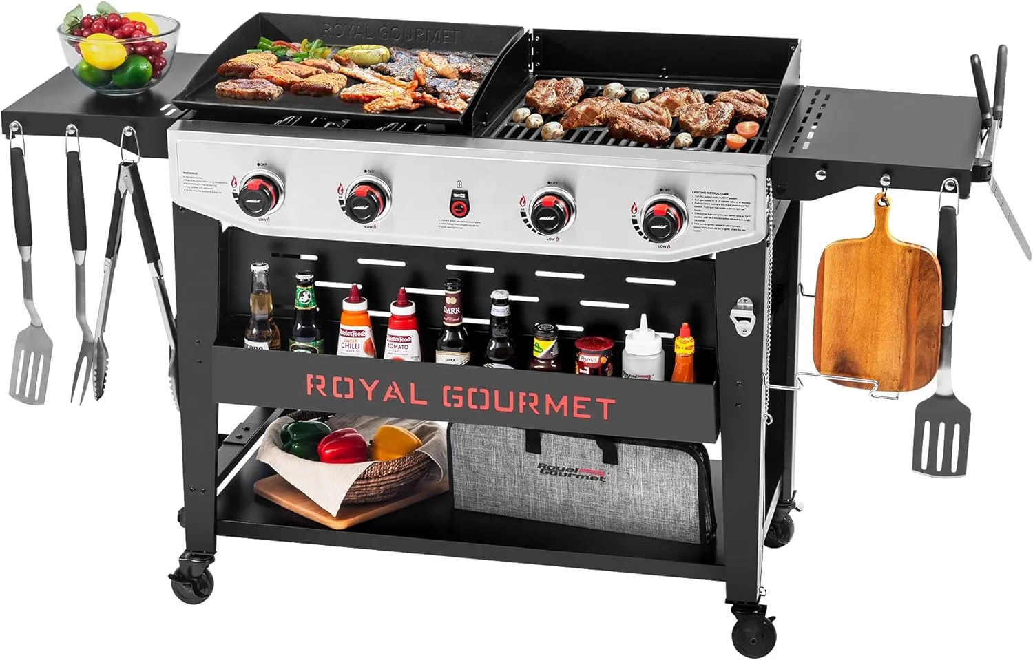 4-Burner Propane Gas Grill and Griddle Combo with Side Table, Porcelain-enameled Cast Iron Grates & Ceramic-coated Steel Griddle, Heavy-duty and Portable, Black & Silver, GD405B-SC