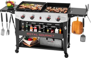 4-Burner Propane Gas Grill and Griddle Combo with Side Table, Porcelain-enameled Cast Iron Grates & Ceramic-coated Steel Griddle, Heavy-duty and Portable, Black & Silver, GD405B-SC