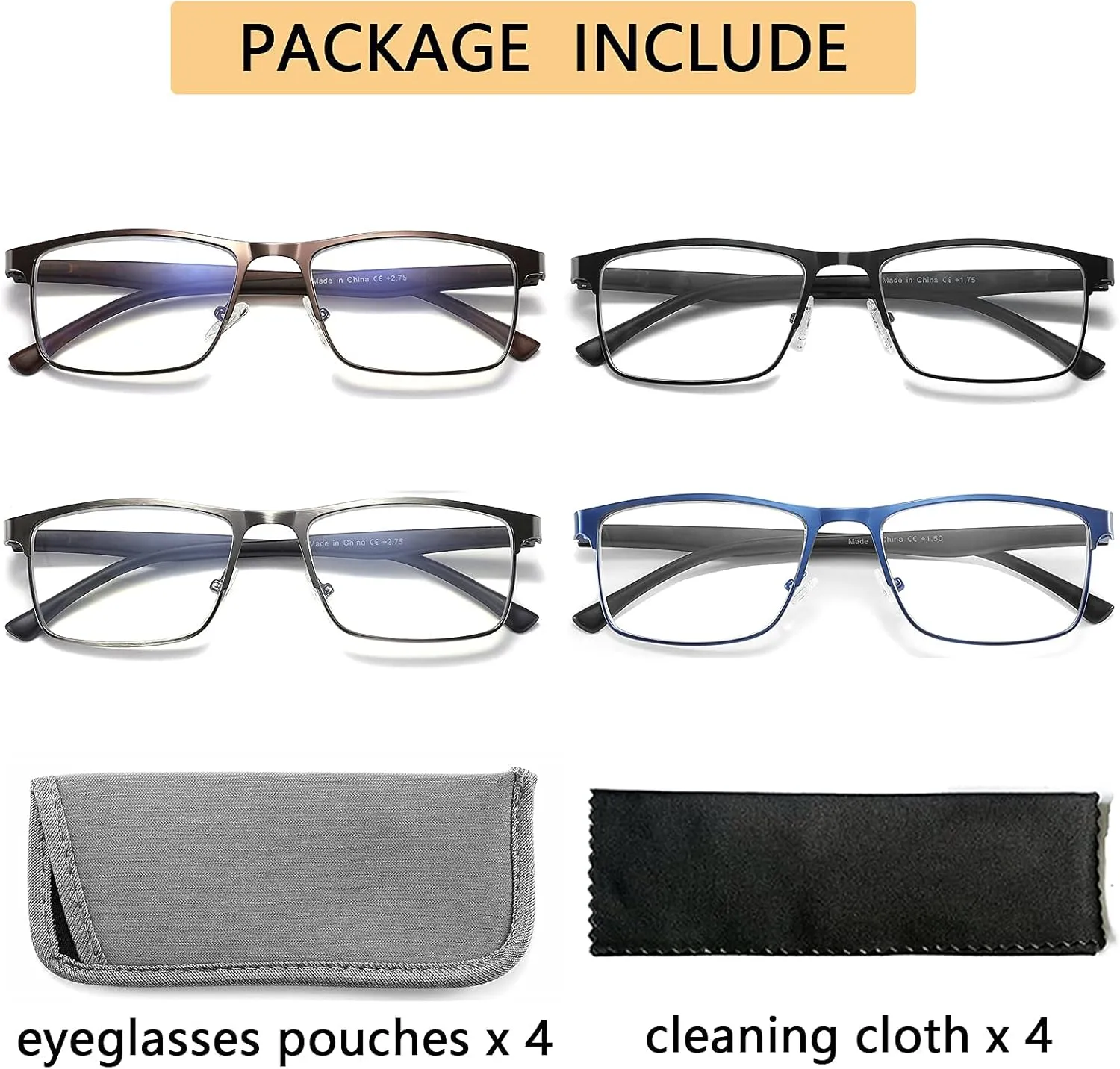 4-Pack Blue Light Blocking Reading Glasses for Men Stylish Metal Frame Readers with Comfort Spring Hinges Anti Glare UV Filter Eyeglasses,  1.0 STRENGTH