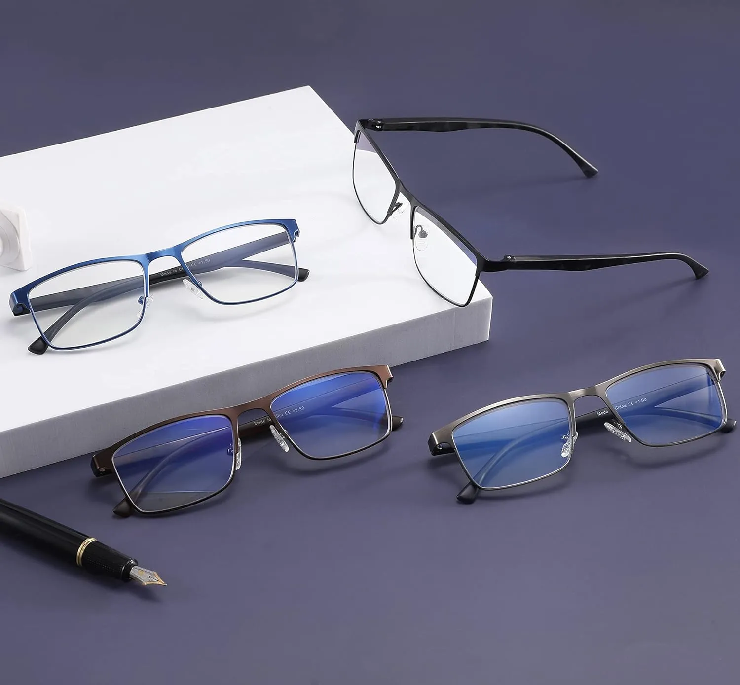 4-Pack Blue Light Blocking Reading Glasses for Men Stylish Metal Frame Readers with Comfort Spring Hinges Anti Glare UV Filter Eyeglasses,  1.0 STRENGTH