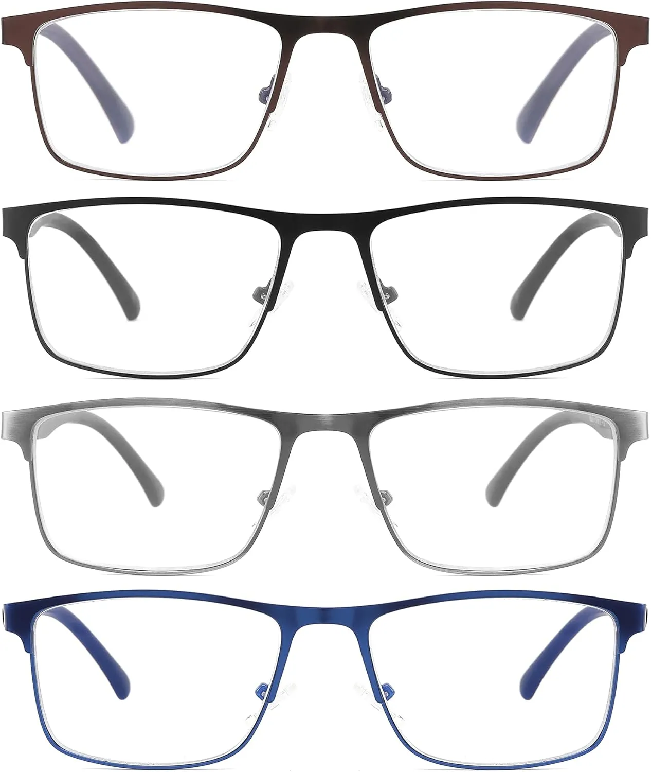 4-Pack Blue Light Blocking Reading Glasses for Men Stylish Metal Frame Readers with Comfort Spring Hinges Anti Glare UV Filter Eyeglasses,  1.0 STRENGTH