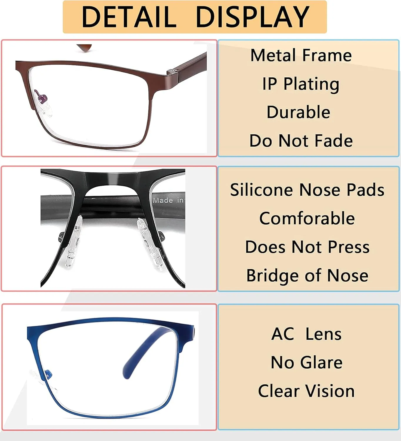 4-Pack Blue Light Blocking Reading Glasses for Men Stylish Metal Frame Readers with Comfort Spring Hinges Anti Glare UV Filter Eyeglasses,  1.0 STRENGTH