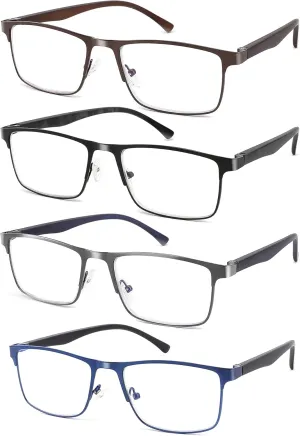 4-Pack Blue Light Blocking Reading Glasses for Men Stylish Metal Frame Readers with Comfort Spring Hinges Anti Glare UV Filter Eyeglasses,  1.0 STRENGTH