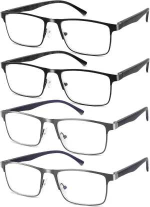 4-Pack Mens Reading Glasses Blue Light Blocking,Spring Hinge Stylish Metal Full Frame Readers for Men Anti Glare Filter Eyeglasses  1.0