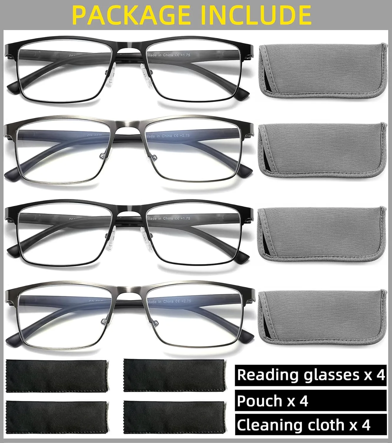 4-Pack Mens Reading Glasses Blue Light Blocking,Spring Hinge Stylish Metal Full Frame Readers for Men Anti Glare Filter Eyeglasses  1.0