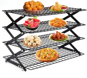 4-Tier Black Collapsible Cooling Rack for Outdoor Camping Cooking, Storage Display Shelf, Folding Iron Shelf for Barbecue, 15.75 * 9.84 * 12.40 Inch