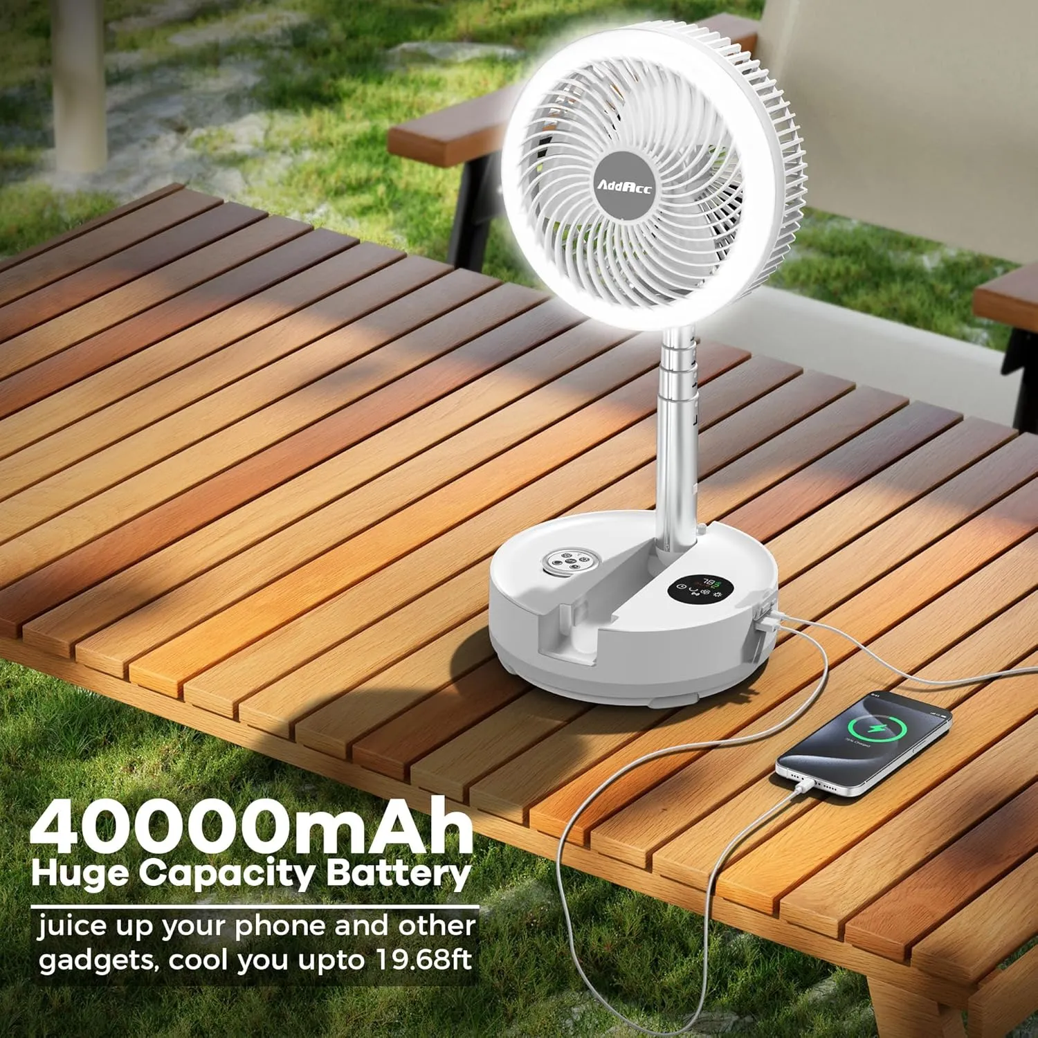 40000mAh Battery Operated Fan, Rechargeable Collapsible Fan, 106H Run, 9 Speeds Oscillating with Remote, Battery Powered with Timer & Light for Travel Cruise Essentials RV Outdoor Power Outage