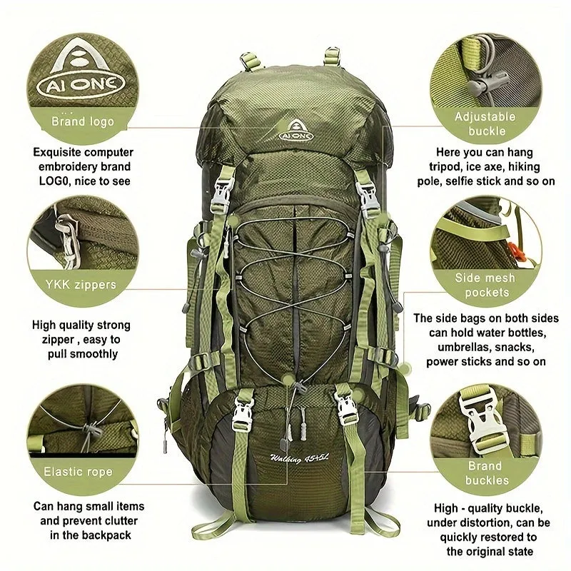 45 1.32gal Suspended Frame Hiking Backpack, Expandable Internal Frame Camping Backpack For Men Women