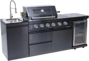 46" 4-Burner 72000 BTU Gas Grill BBQ Island - Deluxe Stainless Steel Outdoor Kitchen with Rotisserie Kit, Wine Cooler, Compact Fridge & Granite Countertops, Black